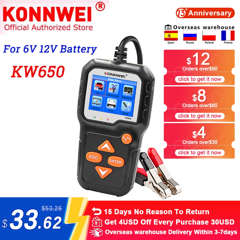 KONNWEI KW650 Car Battery Tester 12V Motorcycle Battery Tester 6V Battery System Analyzer 2000CCA Charging Cranking Test Tools