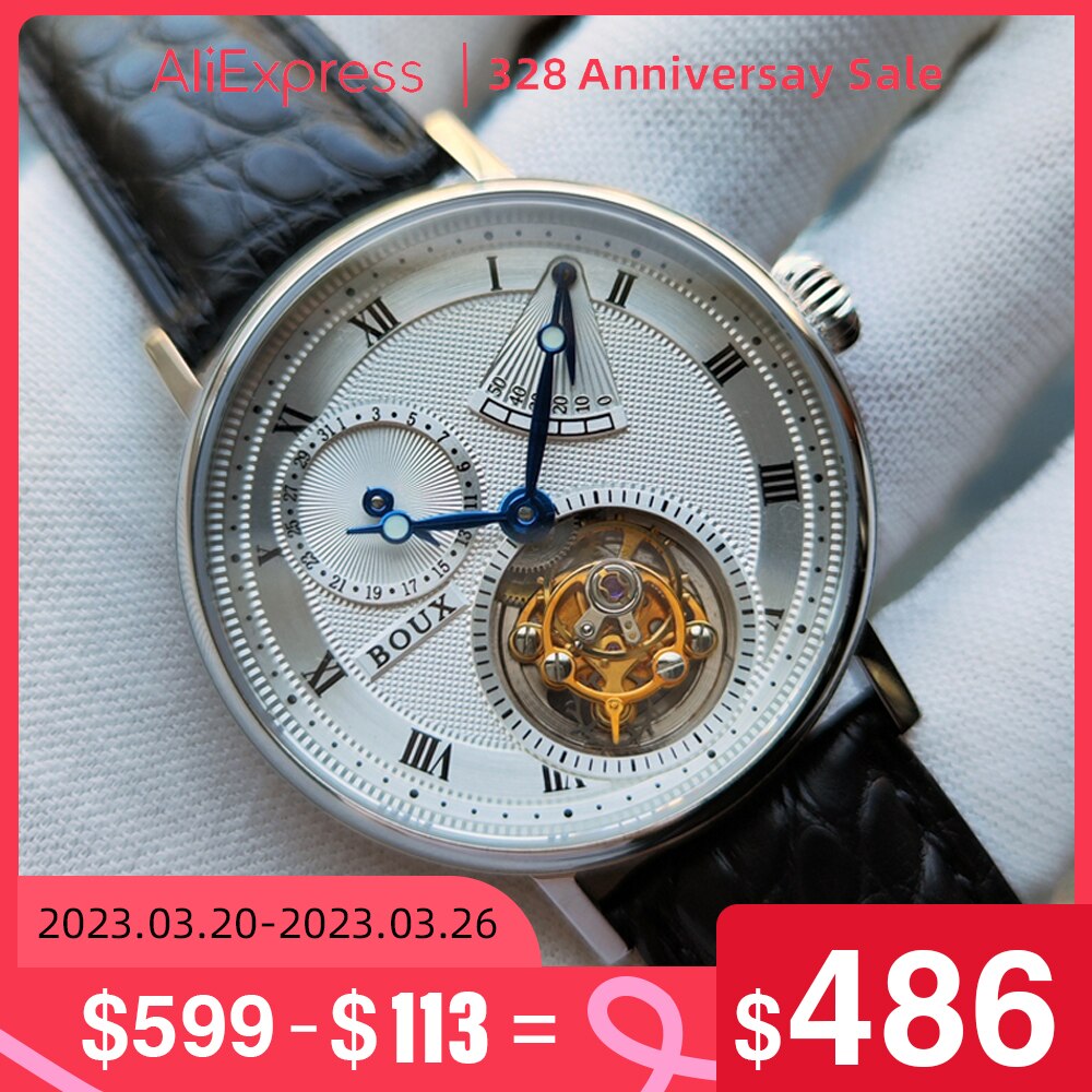 BOUX Men's Skeletonized True Manual Tourbillon Mechanical Watches Multi-Function Calendar Energy Storage Display Crocodile Belt