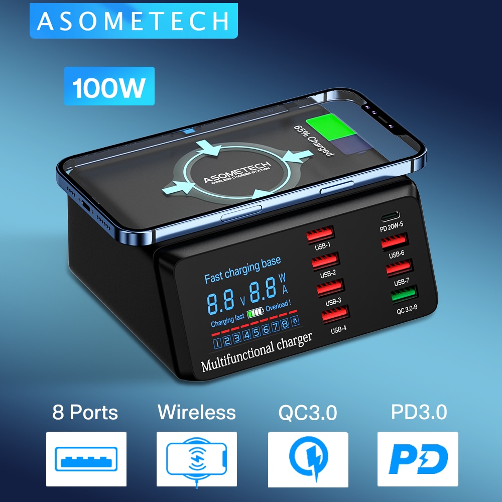 ASOMETECH 100W 8 Port USB Charger Staion With Wireless Charging,LED Digital Display,QC3.0 PD Quick Charger For iPhone 14 13 12