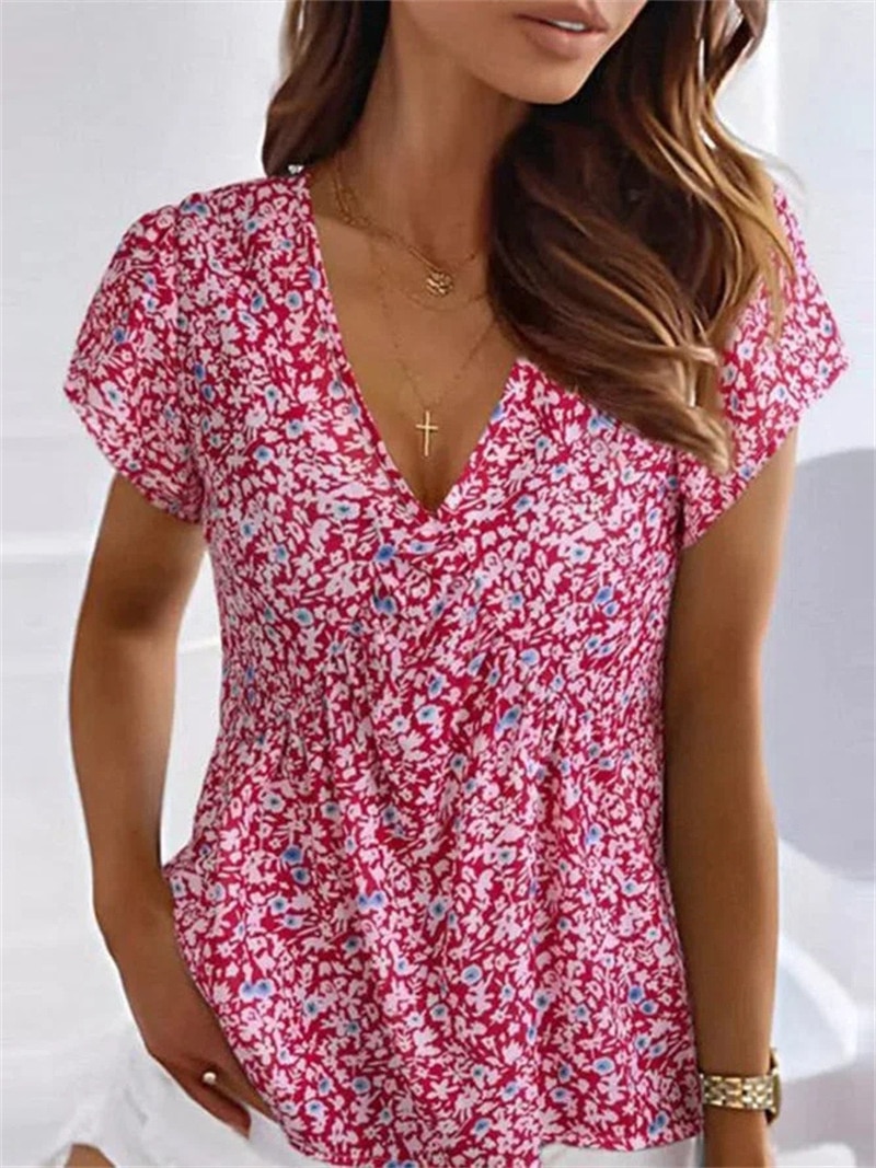 Elegant Small Flower Print Deep V Neck T-Shirt Women's Comfortable Casual Short Sleeve Tees Female Summer Fresh Sweet Style Tops