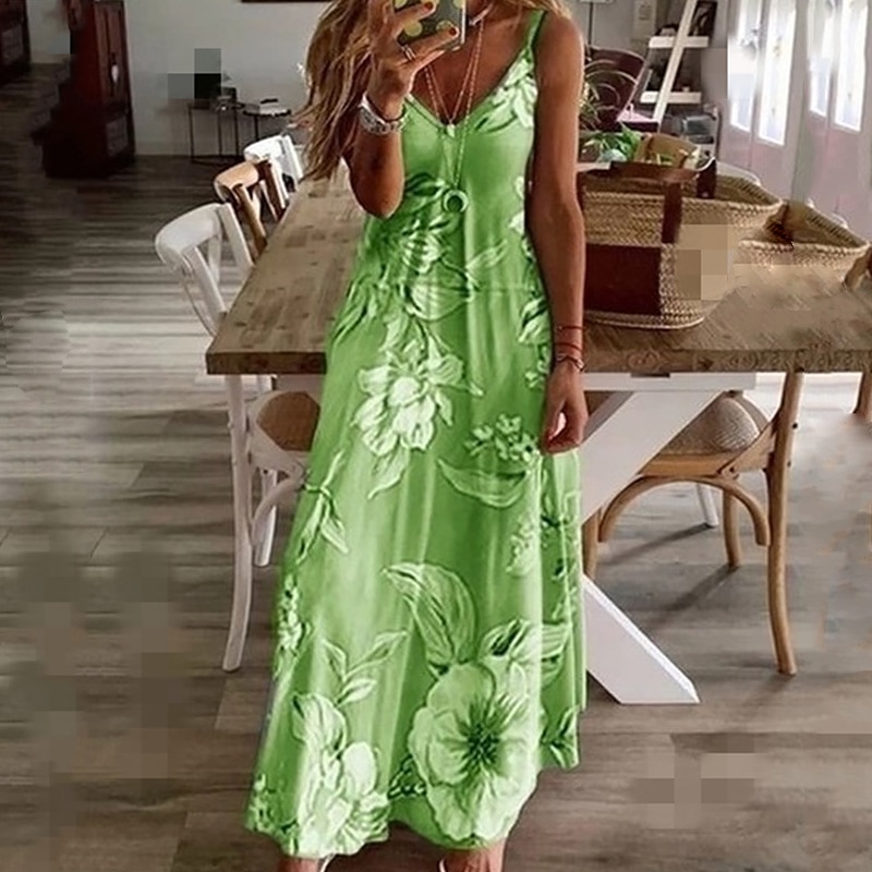 S-5XL 7Colors Floral Printing V-Neck Strap Long Dresses Casual Bohemian Sleeveless Women Summer Beach Travel Party Wear