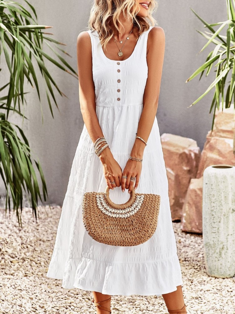 Chic A-line Sleeveless Ruffles Pocket Summer Dress For Women Elegant O-neck Button White Dress Ladies Beach Holiday Sundresses