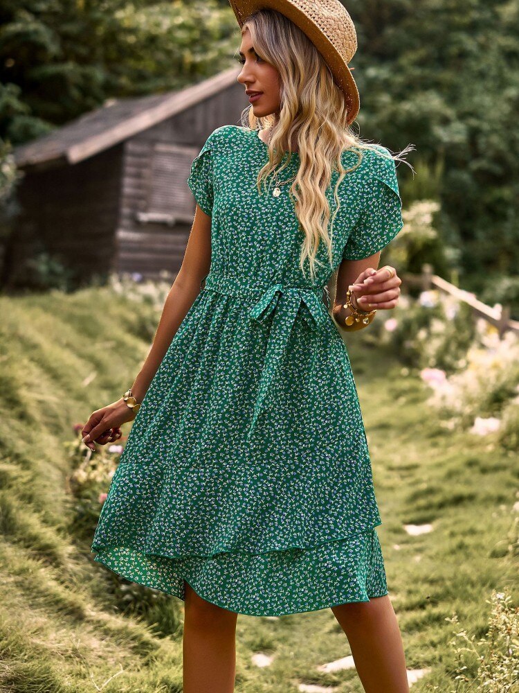 2023 New Floral Print Sashes Vintage Summer Dress For Women Casual Round Neck Petal Sleeve Mini Dress Female Holiday Party Dress