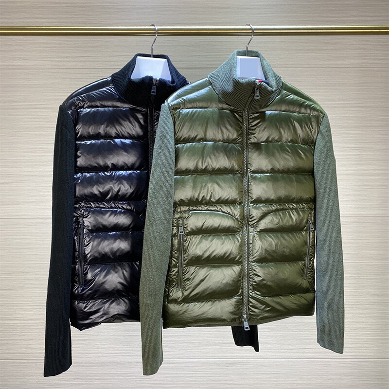 New Wool Knitted Splicing Down Jacket Autumn and Winter Light Goose Down Jacket Men's Fashion Stand-up Collar Short Coat