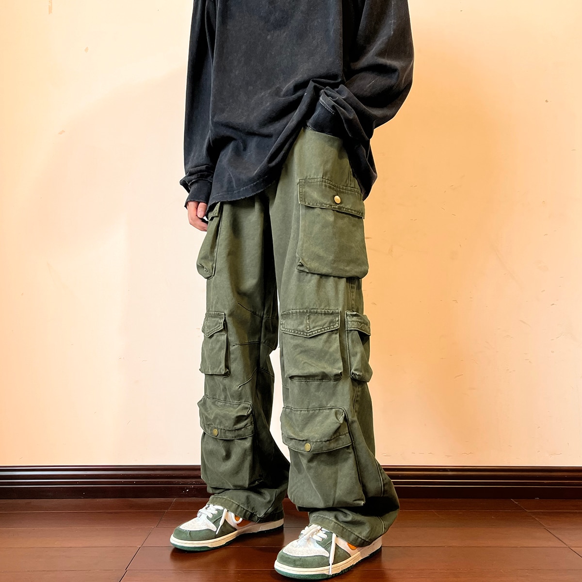 Cargo Pants Multi-Pocket Overalls Harajuku Men's Retro Loose Wide-Leg Pants Street Casual Hip-Hop Straight High Waist Mop Pants