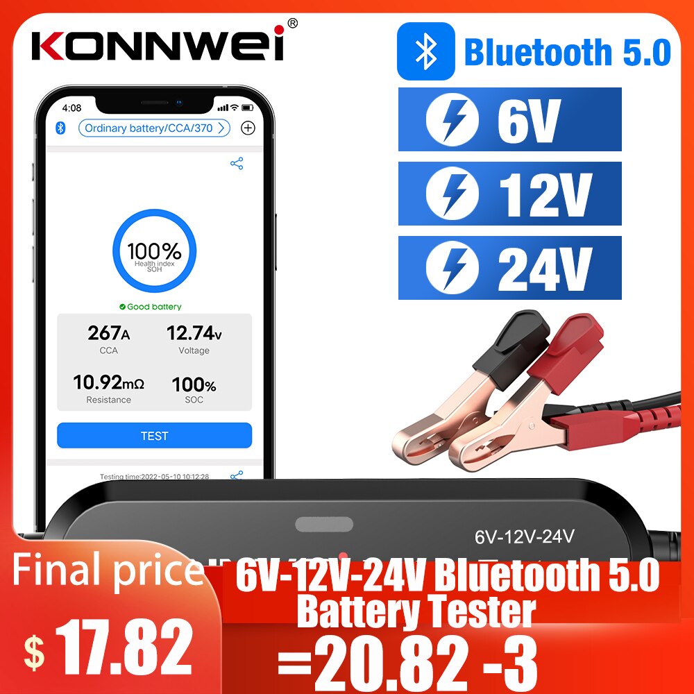 KONNWEI BK200 Bluetooth 5.0 Car Motorcycle Truck Battery Tester 6V 12V 24V Battery Analyzer 2000 CCA Charging Cranking Test Tool