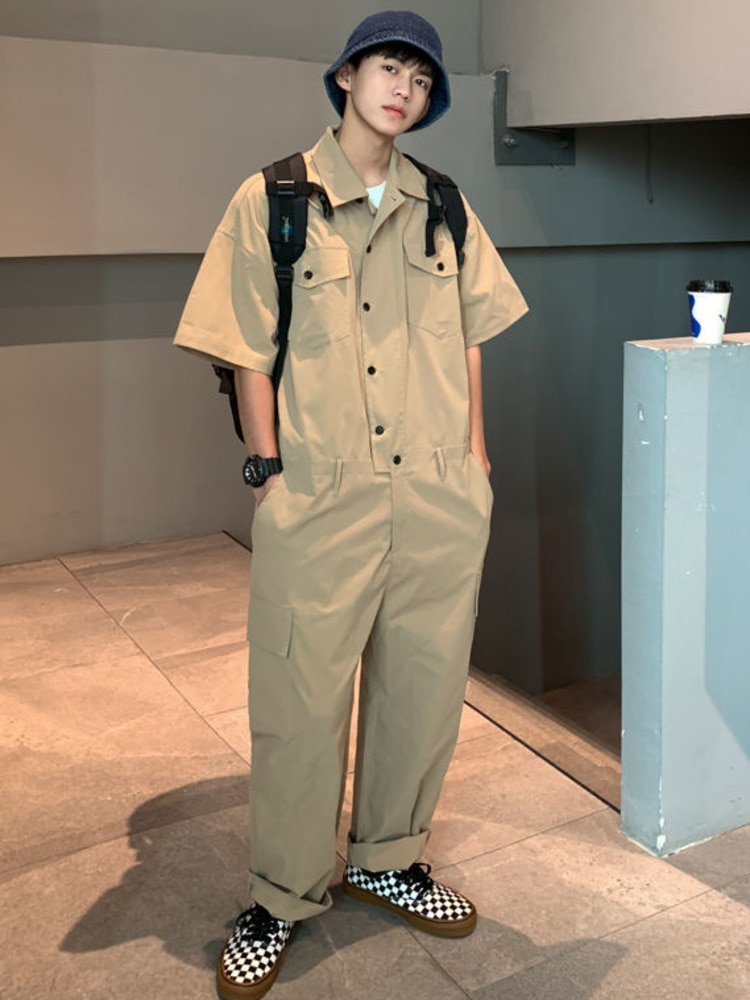 SYUHGFA 2023 Spring Summer Men's Jumpsuit Solid Overalls Loose Cargo Pants Vintage Fashion Casual Khaki Male Clothing