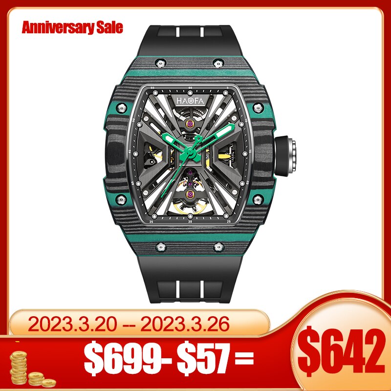 Haofa Automatic Mechanical Skeleton Men Watch Fashion Luminous Automatic Carbon Fiber Watches For Men Power Reserve 80H Luxury
