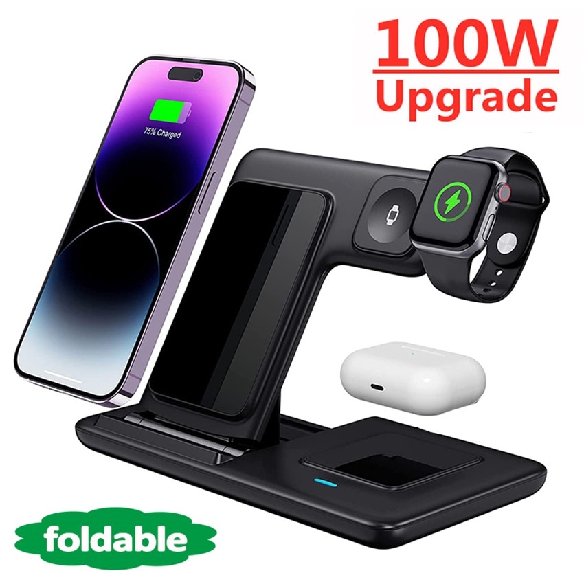 100W 3 in 1 Wireless Charger Stand Fast Charging Dock Station for iPhone 14 13 12 11 X XR 8 Apple Watch 8 7 6 iWatch Airpods Pro